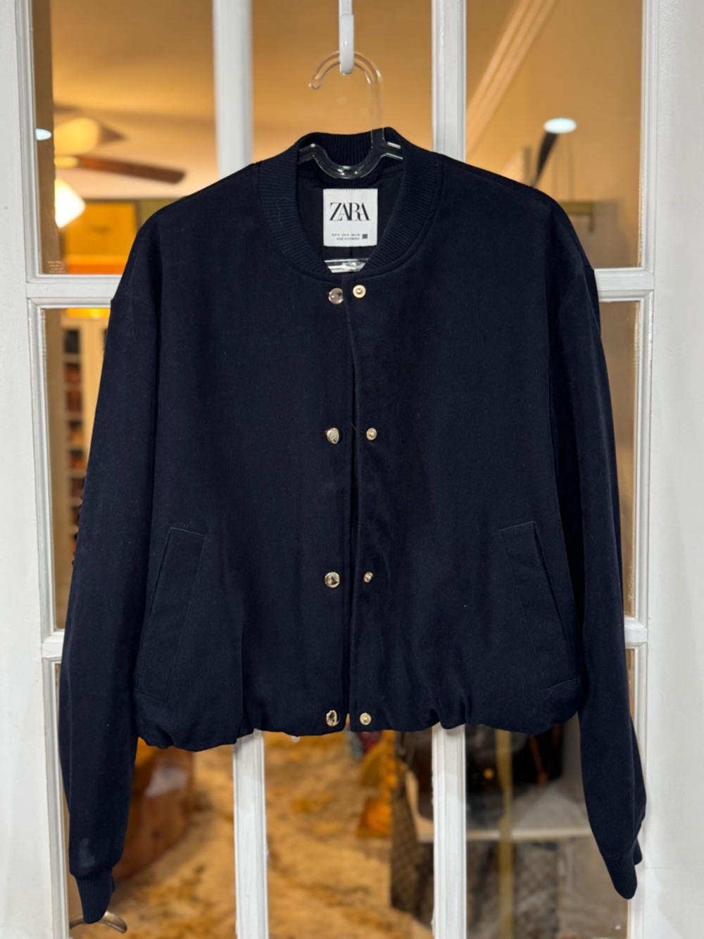 ZARA Navy Textured Bomber Jacket with Drawstring Hem - Picture 2 of 10